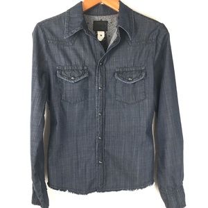 Western Shirt Black Denim Distressed Fringed Sz M